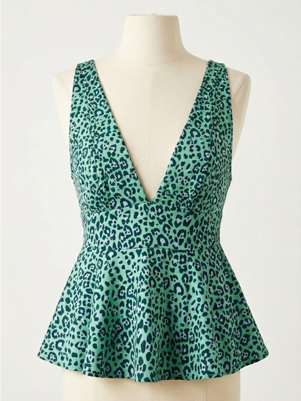 Urban Outfitters Green Leopard Print Y2K Plunge Peplum Tank Top Size SP